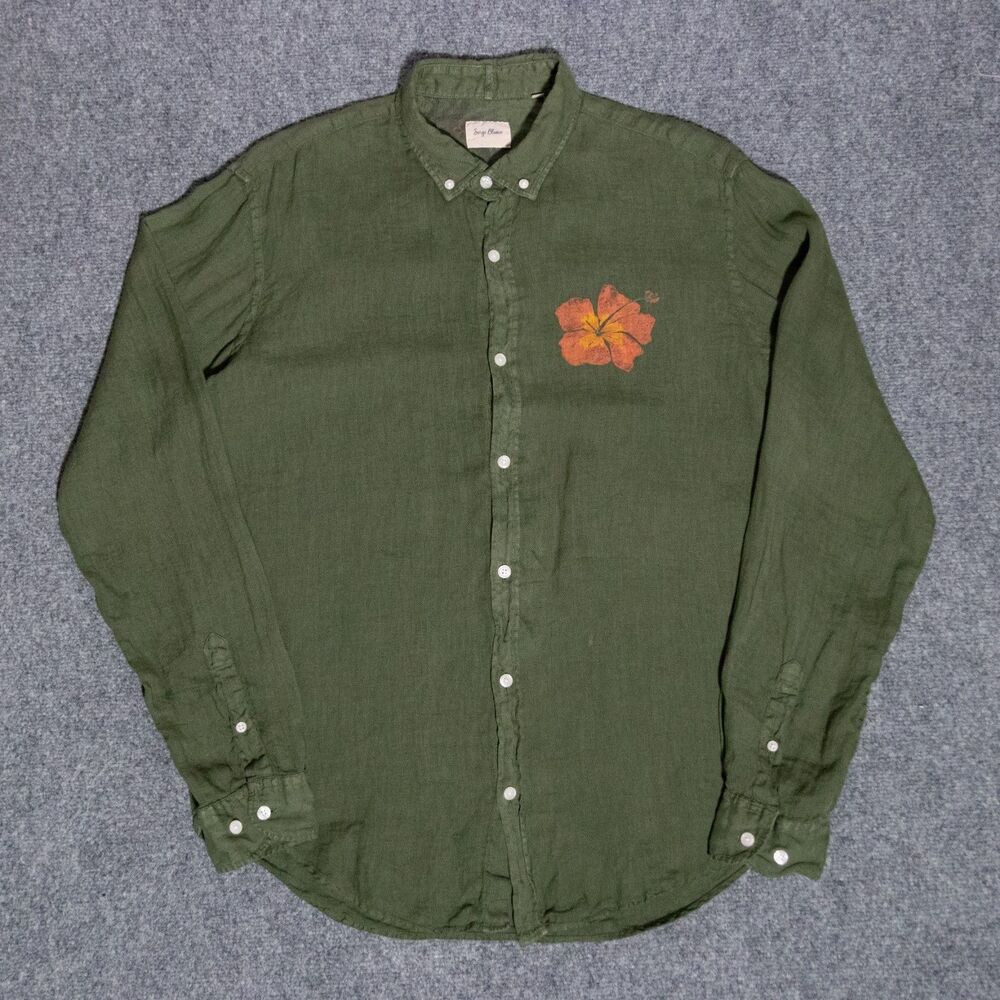 Serge Blanco Flower Linen Long Sleeve Button Shirt Military Green Mens XL France